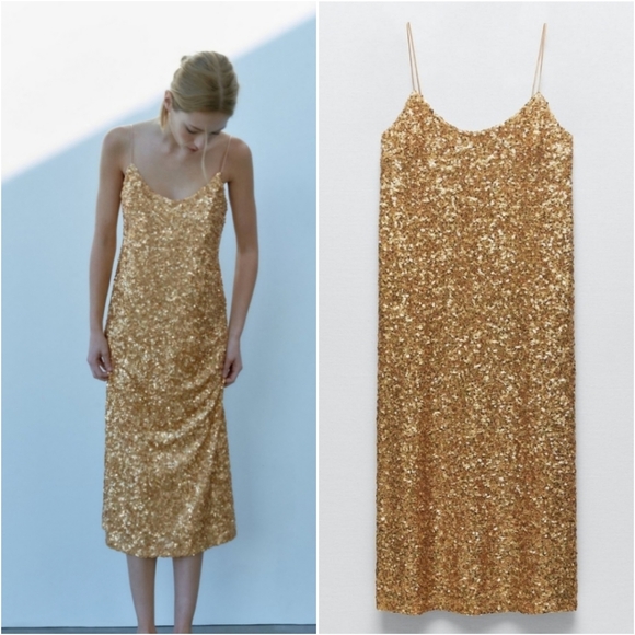 Zara | Dresses | Zara Gold Sequin Slip Dress | Poshmark